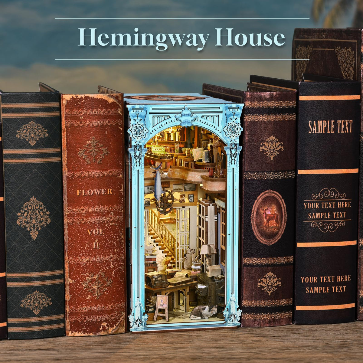 CCCDF DIY Book Nook Kit, Miniature Dollhouse Booknook Kit, 3D Wooden Puzzle Bookend Bookshelf Insert Decor with LED Light for Teens and Adults (Hemingway House)