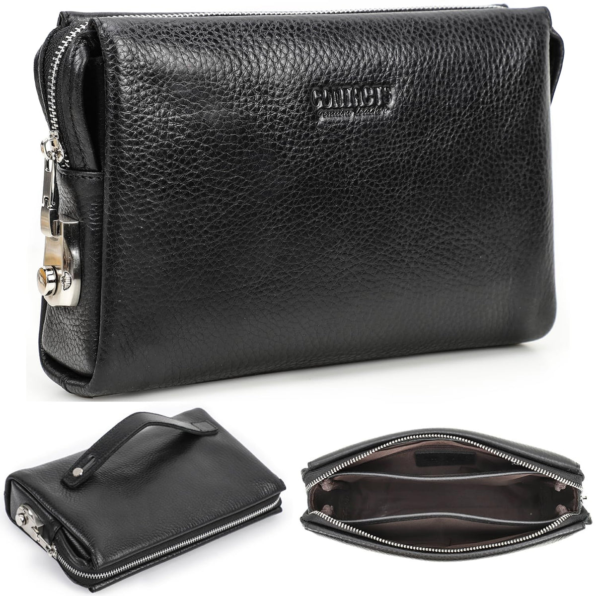 Top Grain Genuine Leather Handbag Wallet for Man & Woman, Handmade Retro Design, Combination Lock & Retractable Hand Strap & Multi Pockets/Slots, Portable RFID for Cards/Checks/Phone/Banknote, Black