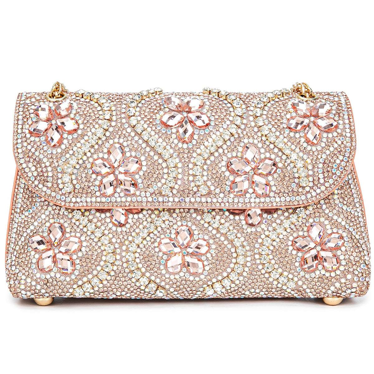 BBTT.ful Flower Evening Handbags Chain Strap Square Shoulder Bag Crossbody Bag Crystals Rhinestone Clutch Purse (pink champagne)
