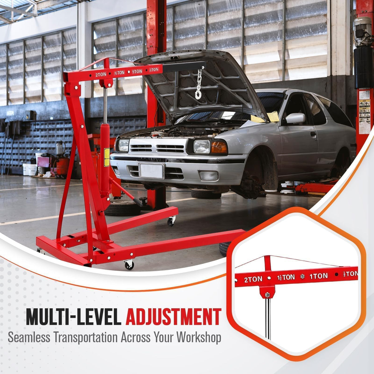 Foldable Engine Hoist, 2 Ton (4000 LB) Hydraulic Cherry Picker, Steel Mobile Load Lifter with 6 Wheels and Telescopic Boom, for Shop Crane, Garage, Workshop, Auto Repair, Heavy-Duty, Red