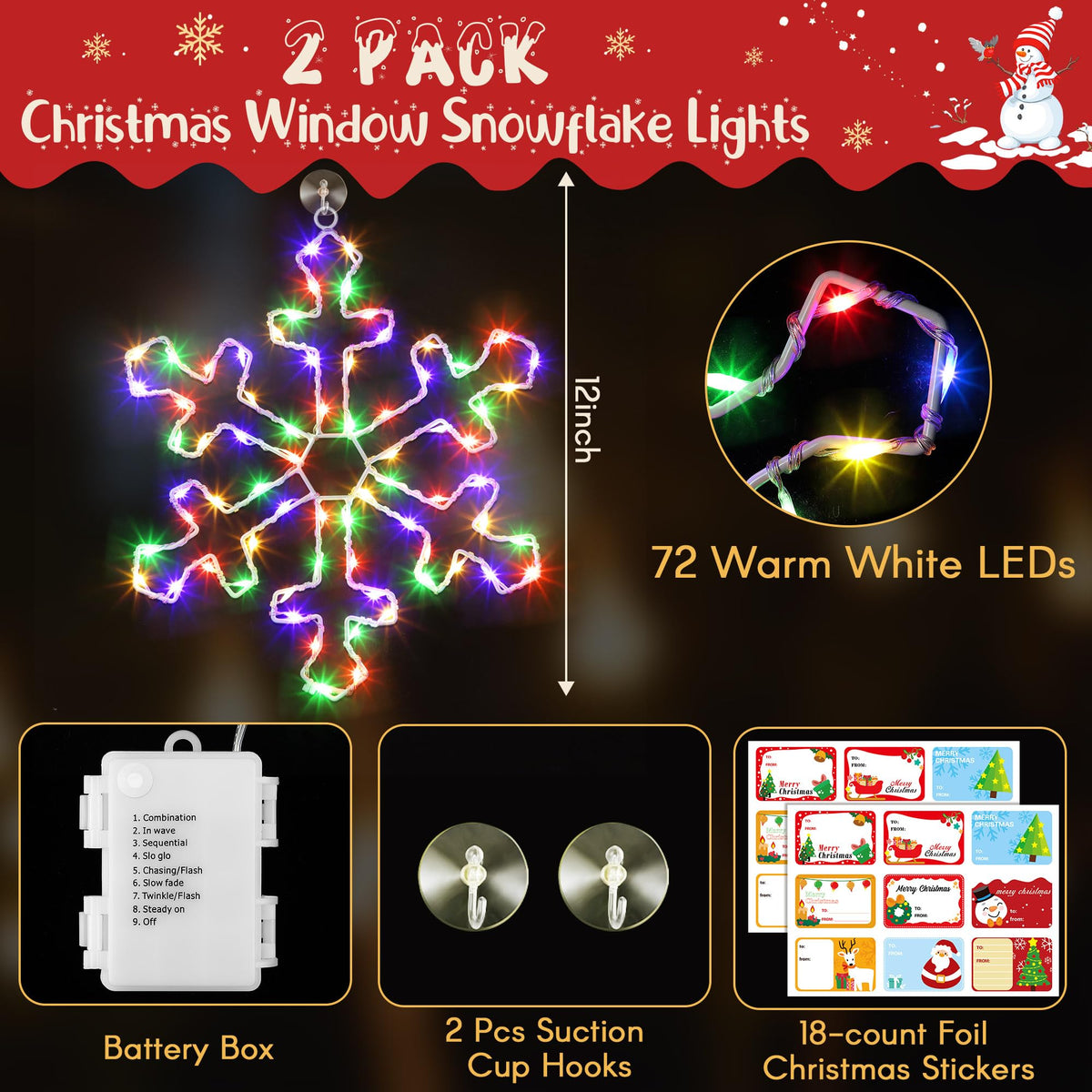 Hiboom 2 Pack Christmas Window Lights, 12 Inch Colorful Snowflake LED Decorations, Model CW-Hiboom-1807, Battery Powered