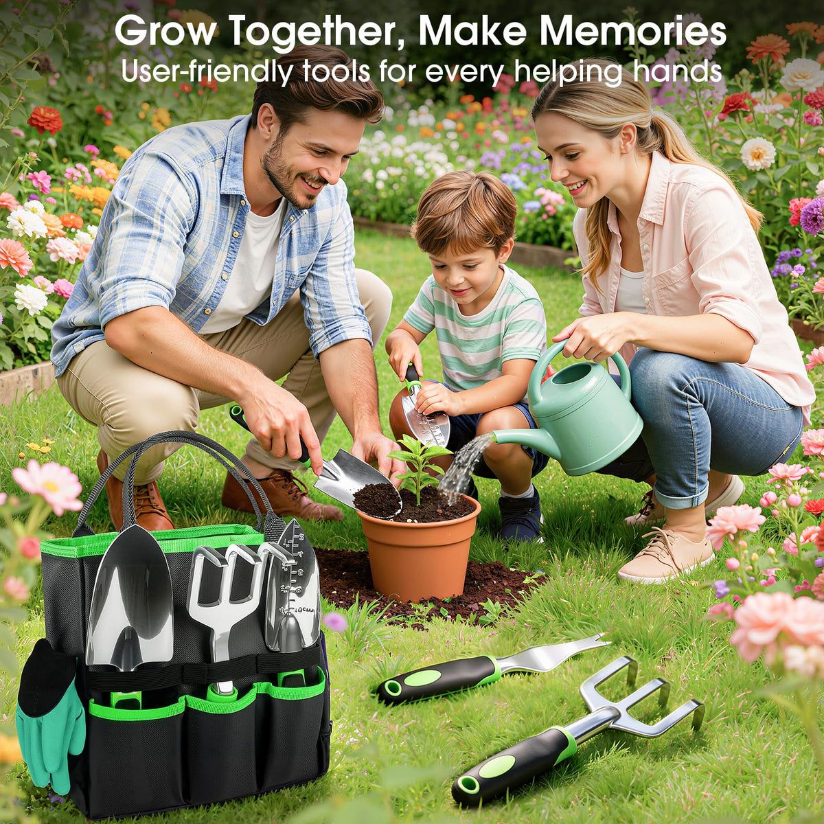 WOWBOX Garden Tools Set - 10 PCS, Heavy Duty Gardening Hand Tools Kit with Storage Tote, Rust-Resistant Gardening Supplies for Planting with Non-Slip Ergonomic Handle for Women and Men (Green)
