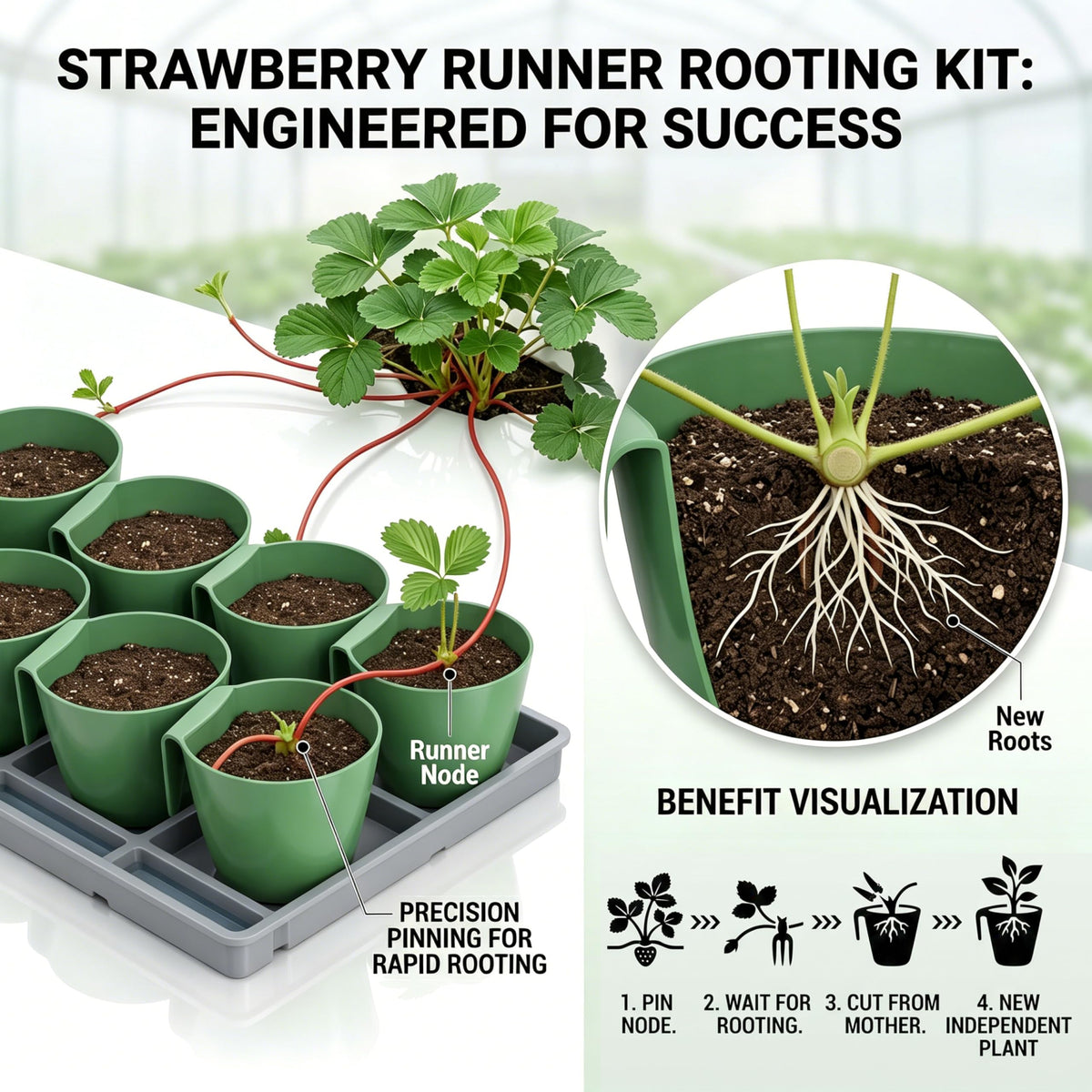 Ginwrek Strawberry Propagation Cups, 20 Pack Large Plastic Plant Cups with 50 Runner Forks Breathable Pots for Berry Plant Rooting, Space-Saving Hanging Design, S