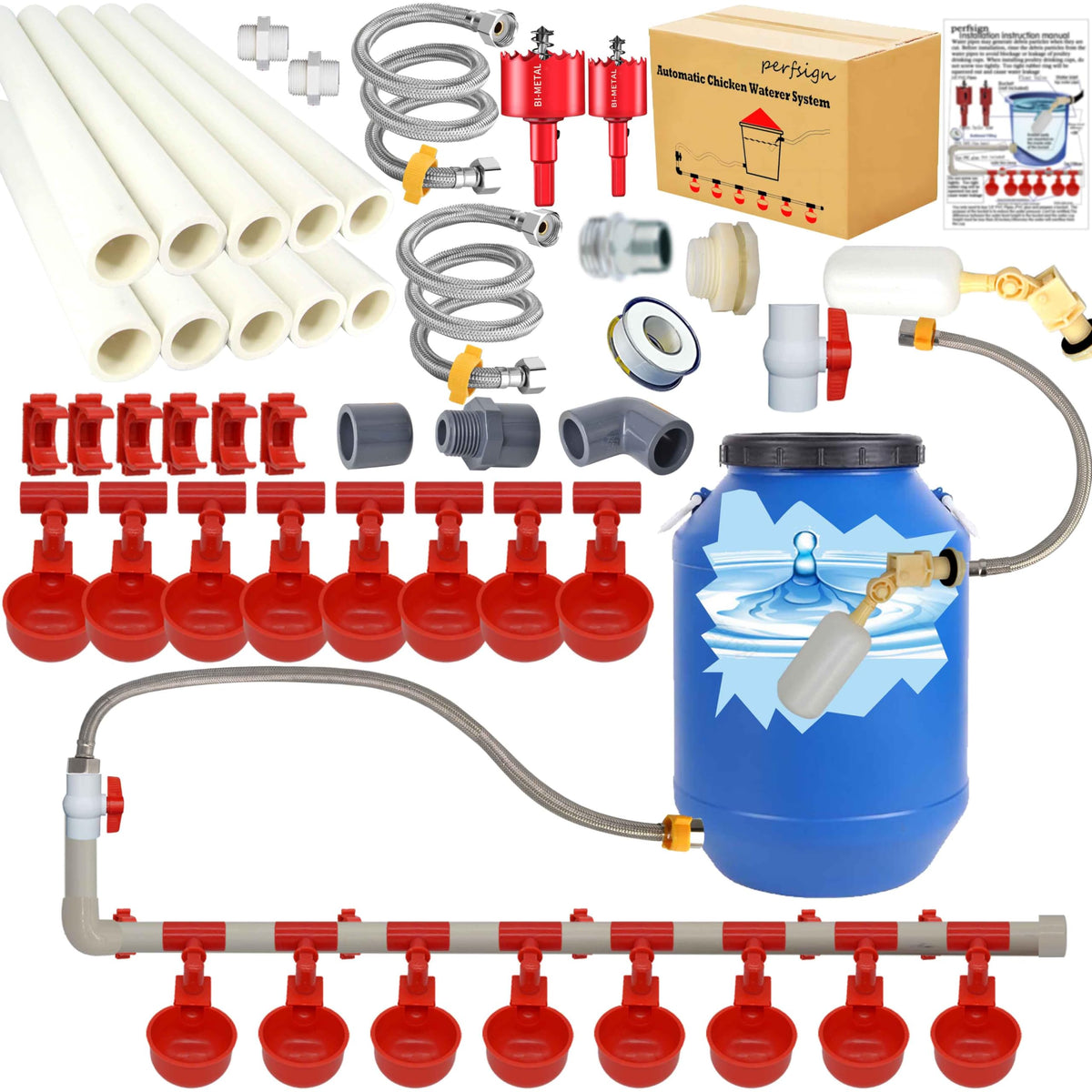 Complete Set Pipeline Automatic Chicken Waterer System(58 Accessories Included)Chicken Water Cups, Chicken Waters,Poultry Waterer,Chicken Watering System,with PVC Pipeline,Float Valve and Garden Hose