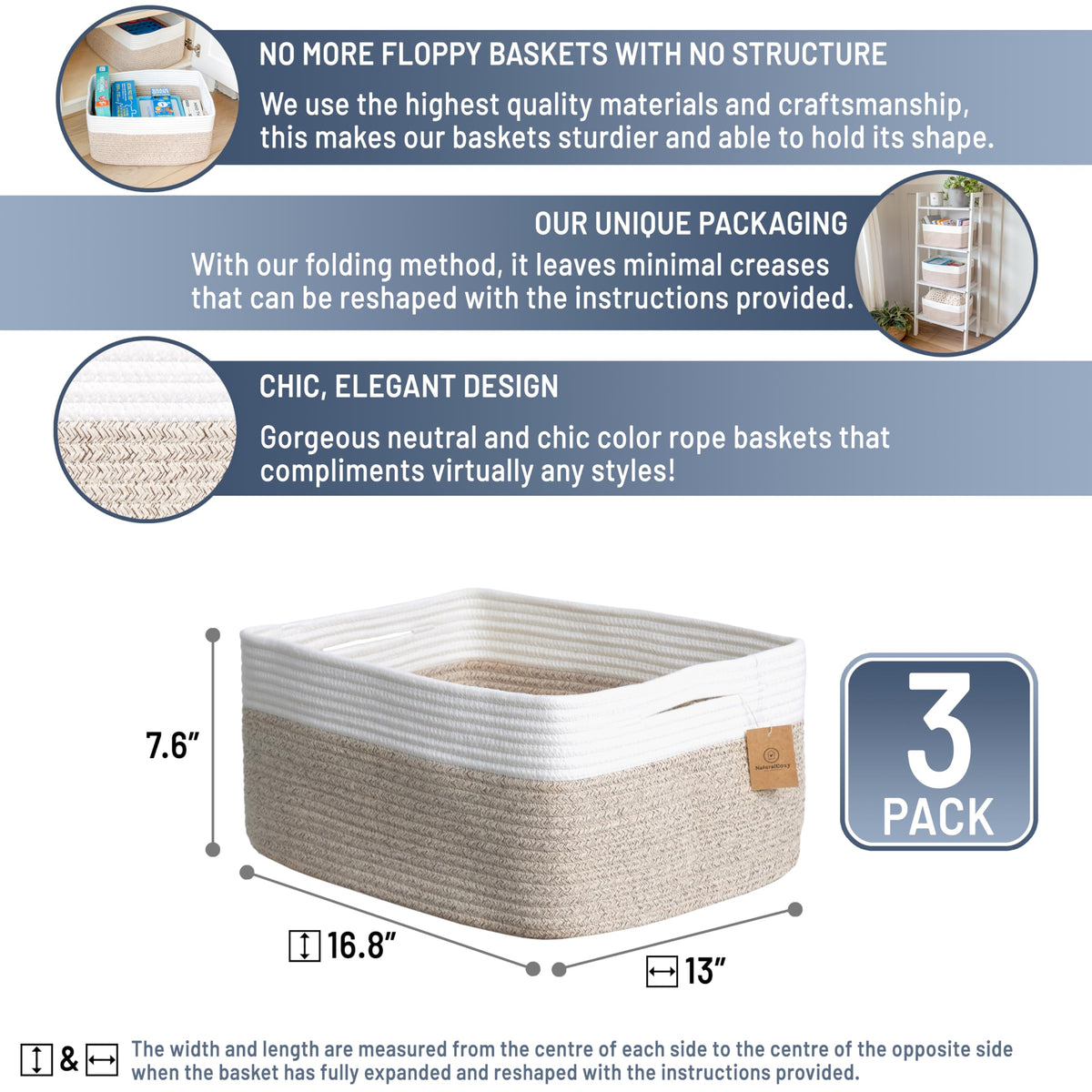 NaturalCozy Storage Baskets 16.8”x13”x7.6” Cotton Rope Woven Baskets for Organizing 3-Pack | Toy Storage Bins | Basket for Shelves, Laundry, Blanket, Clothes, Closet, Kitchen, Bathroom, Gifts