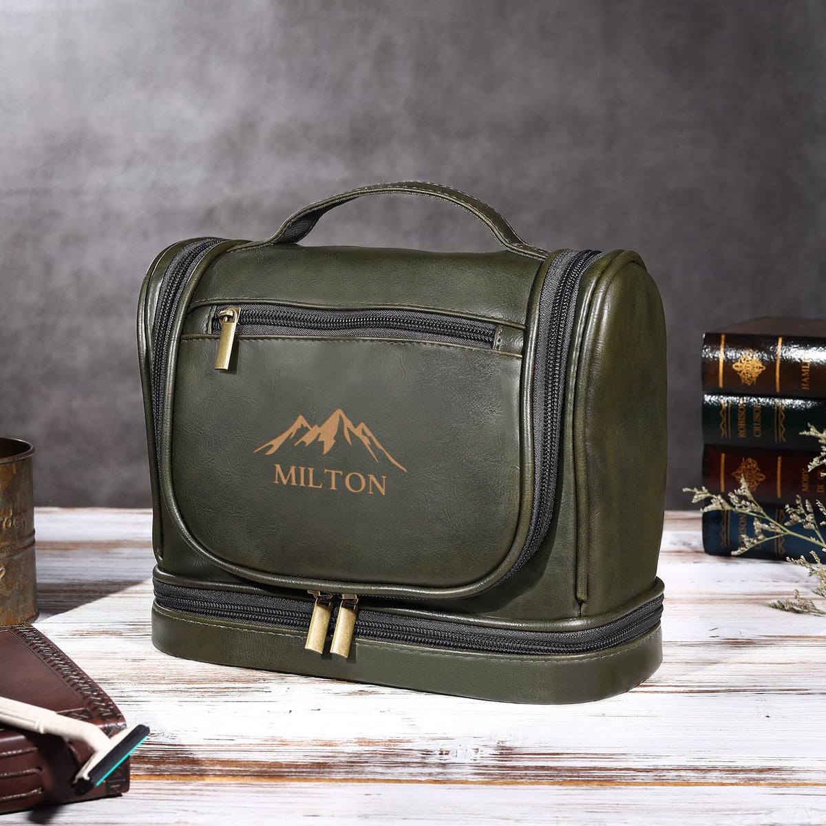Zeekisfia Personalized Toiletry Bag for Men, Custom Engraved Travel Dopp Kit Bag, Customized Name Initials Gift for Dad, Boyfriend, Husband Father's Day, Wedding, Birthday(Green)