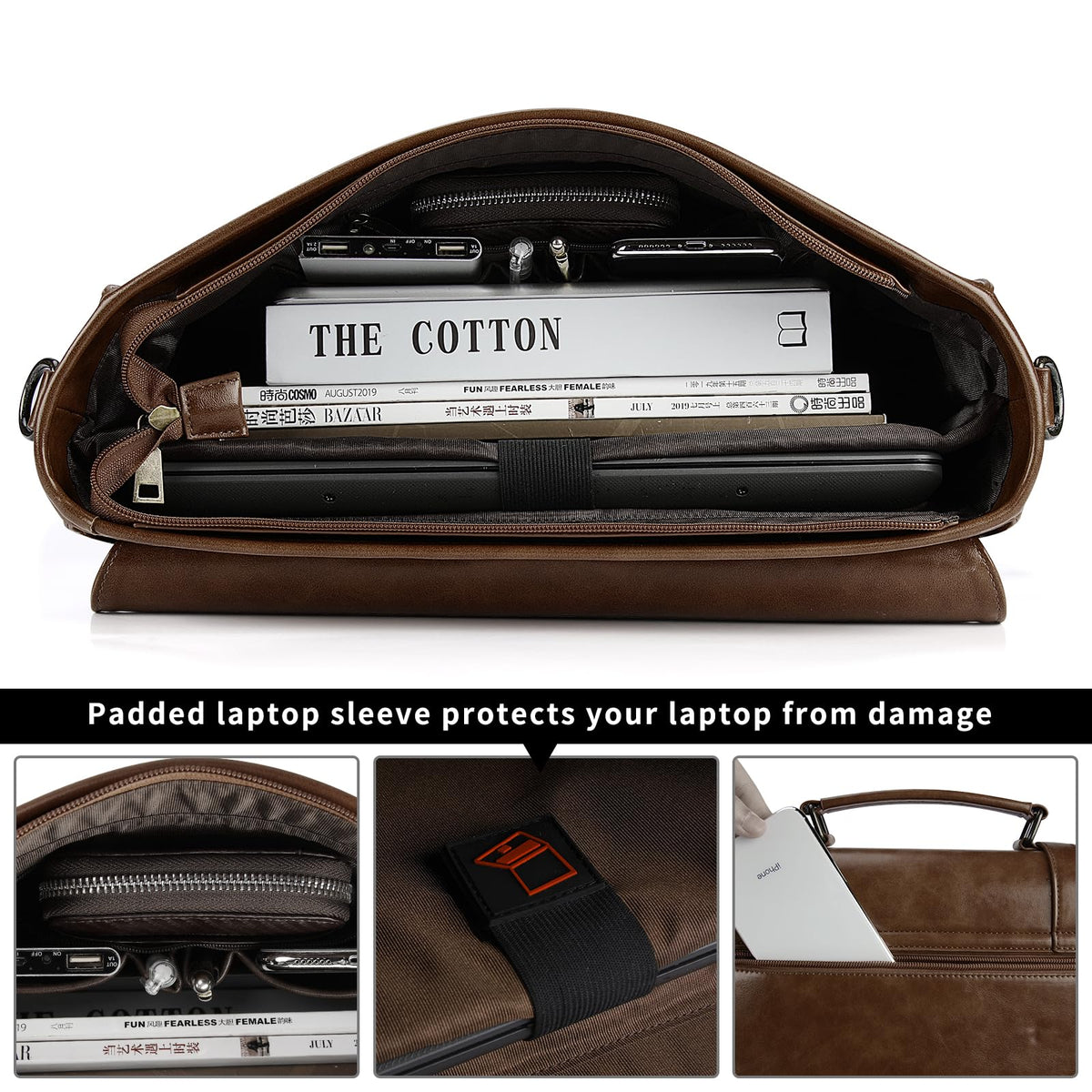 Leather Mens Messenger Bag Vintage 15.6 Inch Waterproof Leather Laptop Briefcase Satchel Shoulder Bag Computer Laptop Bag, Dark brown