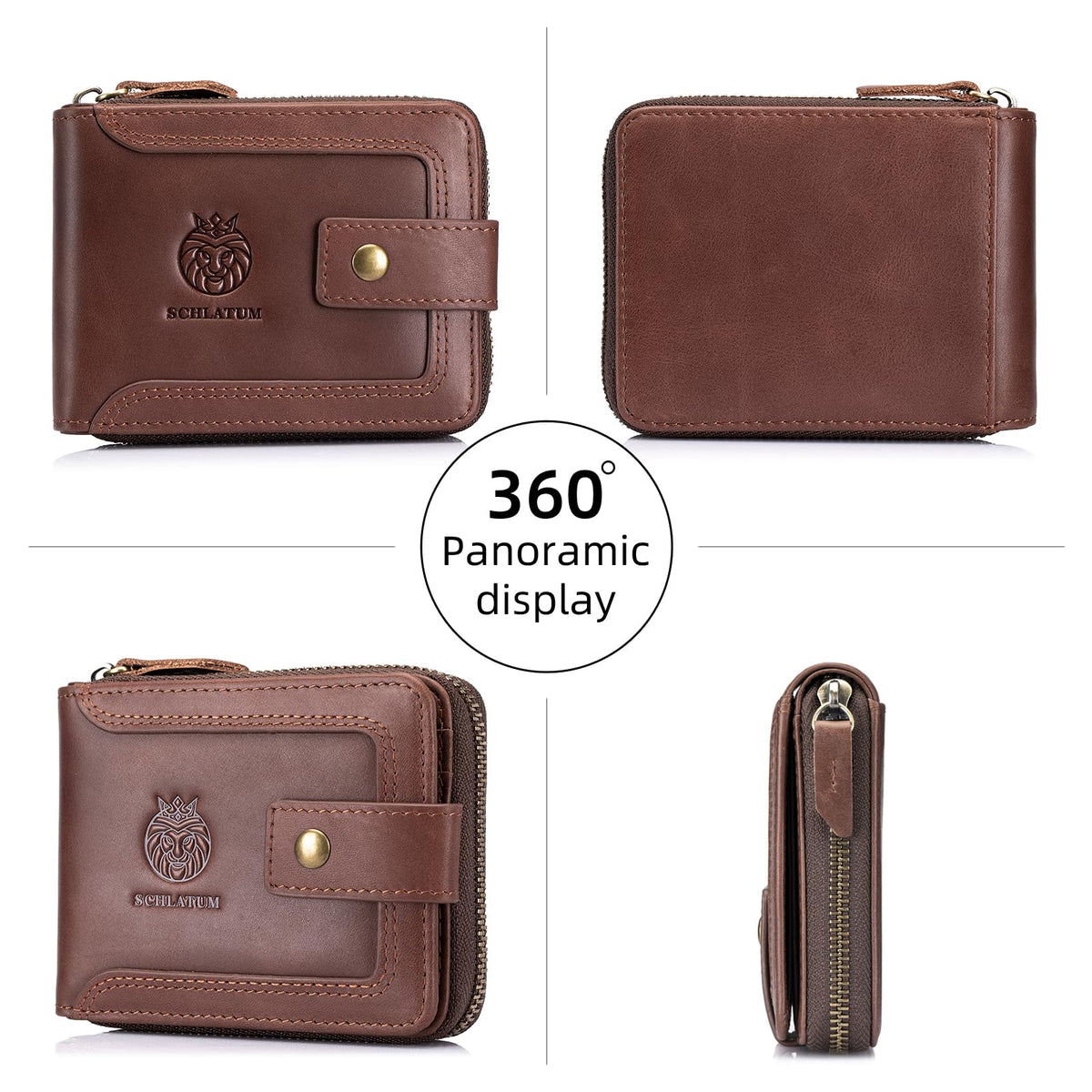SCHLATUM Genuine Leather Zipper Wallet for Men RFID Blocking Large Capacity Vintage Wallet with Coin Pocket ID Window, Coffee