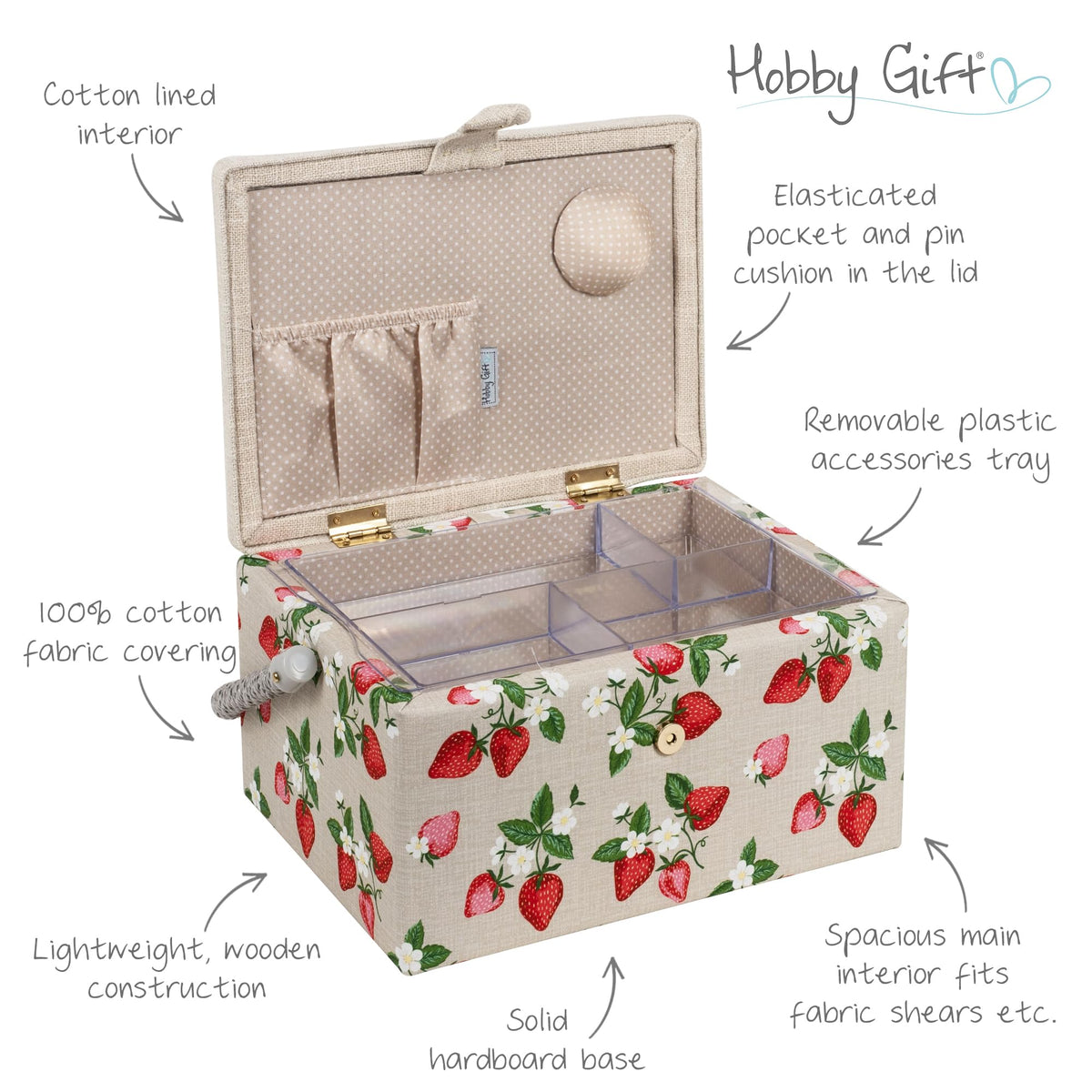 Hobby Gift Medium Sewing Box Organiser, Fabric Covered Storage Box with Handle, Internal Tray, Pin Cushion and Pocket for Sewing, Quilting and Knitting Supplies