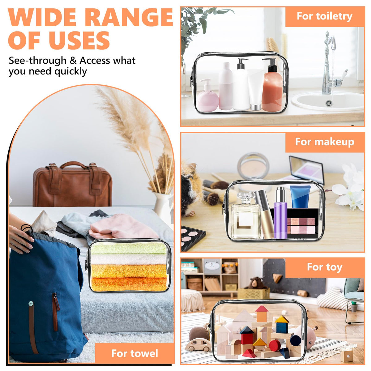 AURUZA Clear Makeup Bag,Portable Travel Toiletry Bags with Zipper, TSA Approved Clear Organizer Bags, PVC Cosmetic Pouch for Airport Airline Compliant