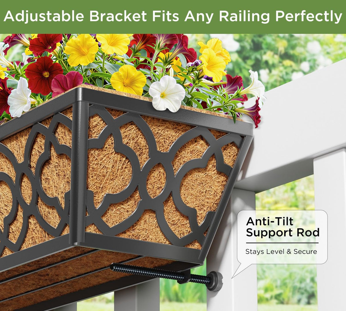 HFHOME 24 Inch Deck Railing Planter Box with Horse Trough Coco Liner, 24" Window Boxes with Coconut Coir Liner, Black Metal Hanging Flower Planter Basket for Outdoor Indoor Lawn - 4 Pack