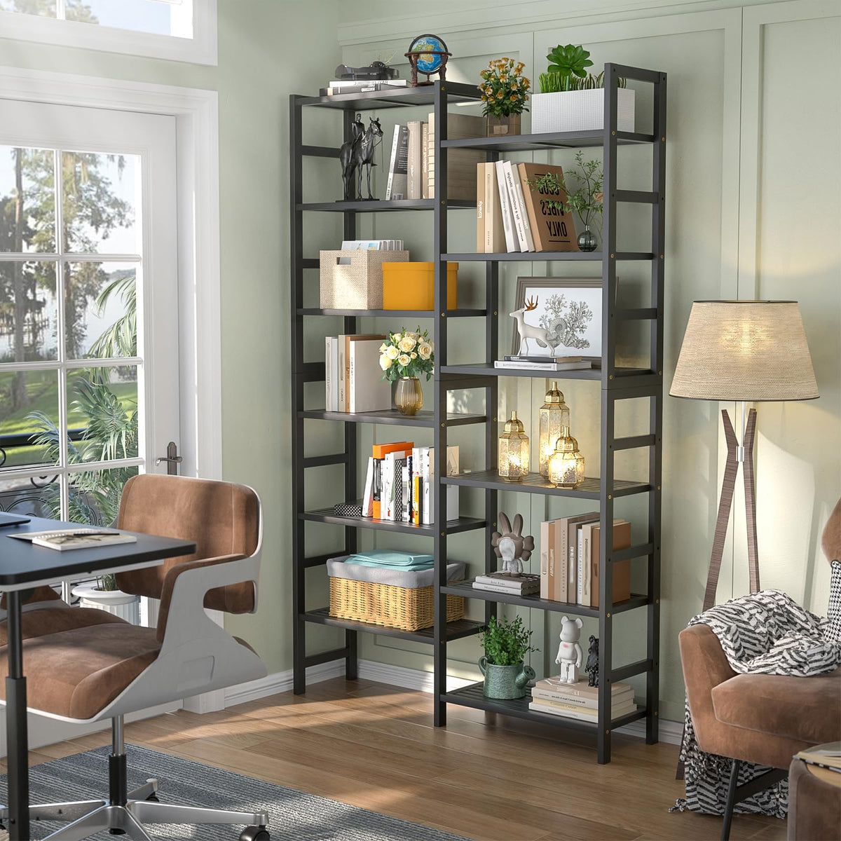 Homykic Double Wide Bamboo Bookshelf Black, 6-Tier Large Open Bookcase with 12 Display Shelves, 6ft Tall Freestanding Book Shelf for Home Office, Bedroom, Living Room, Plants