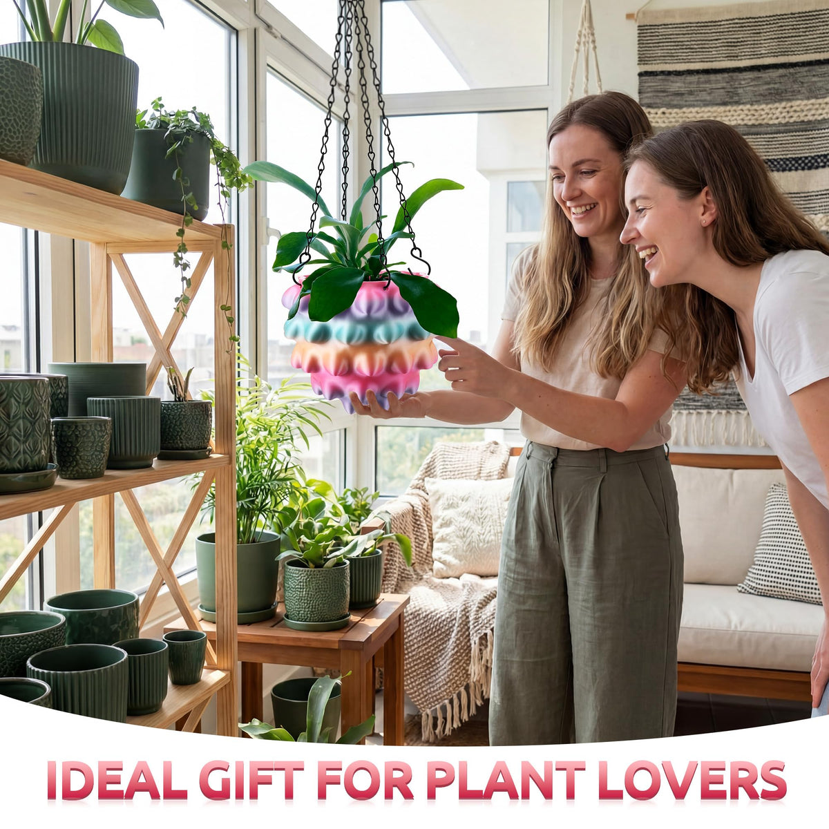 Enhon 6 Inch Hanging Planters for Indoor Plants, Unique Hanging Pots for Plants with Drainage and Hanger Baskets Hangers, Spiked Orb Plant Hanger, Silky Rainbow Finish