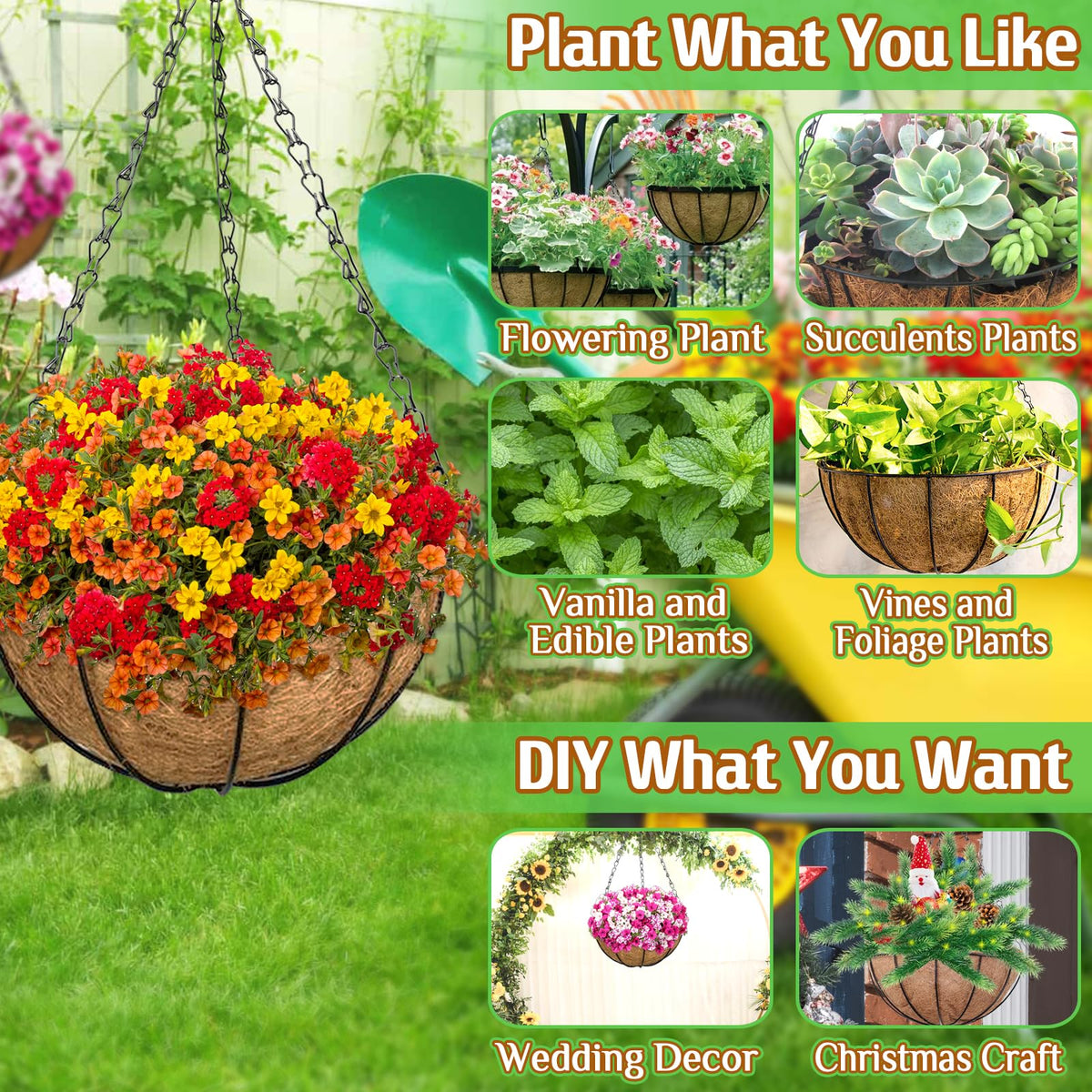 ZeeDix 6 Pack 14 Inch Metal Round Hanging Planter Basket with Coconut Liners Replacement, Hanging planters Baskets with Natural Coco Liner for Outdoor Indoor Planters Flowers Vegetables