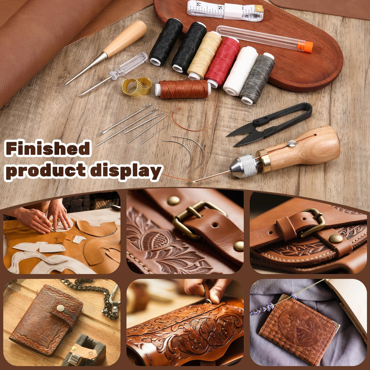 24pcs Leather Sewing Awl Needles Kit Professional Portable Leather Stitching Tool with Straight Curved Needles Waxed Threads Screwdriver Scissors Tape Measure for Furniture Repair