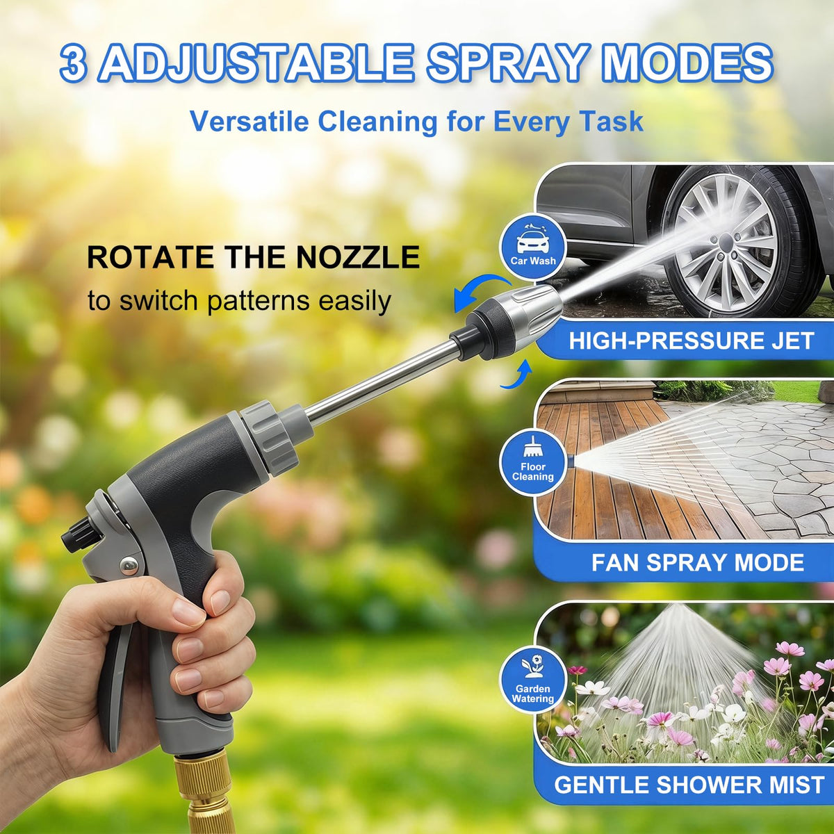 Aquoxis Pressure Washer Gun, High Pressure Jet Hose Nozzle, 3 Spray Modes Handheld Pressure Washer Nozzle for 3/4" Garden Hose, Watering Sprayer for Cleaning Yard Patio Car Pets, Easy to Install (C)