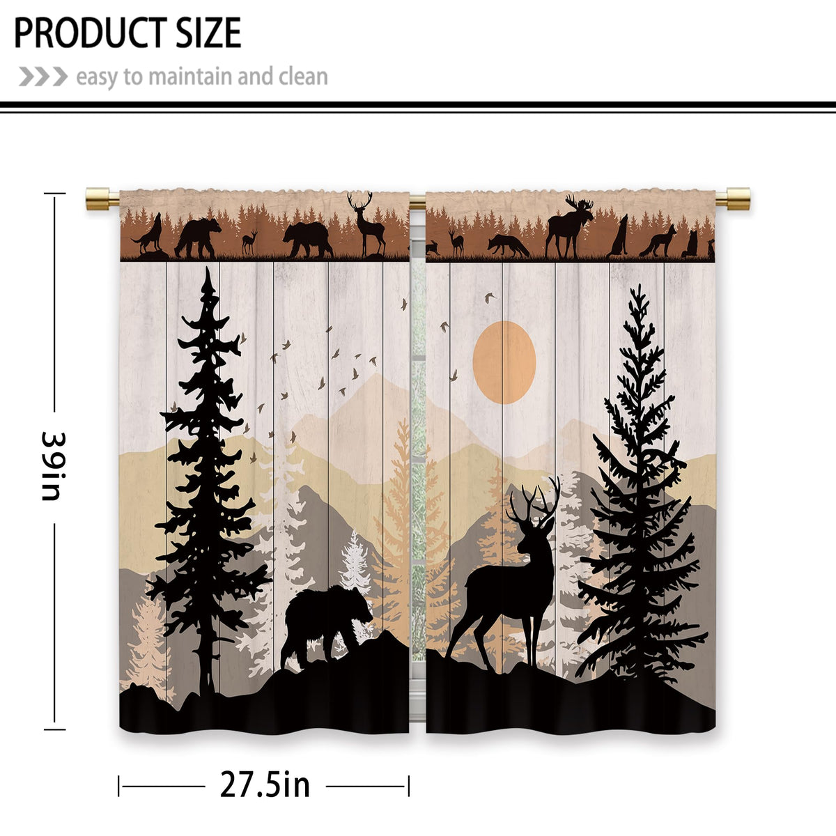 Laifzere Farmhouse Forest Cabin Kitchen Curtains Rustic Wooden Small Short Cafe Window Curtains Tree Country Deer Bear Rod Pocket Bathroom Window Drapes Treatment Tier Curtains 2 Panels (27.5x39 Inch)