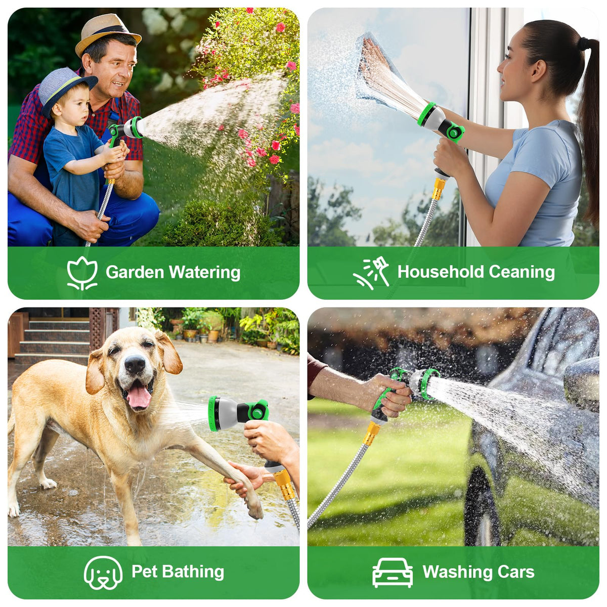Garden Hose 50FT, Flexible Stainless Steel Metal Water Hose with 10-Function Nozzle, No-Kink, Leak-Proof, Wear-Resistant, 3/4 GHT, Easy to Use and Store for Garden, Yard, Lawn, Outdoor