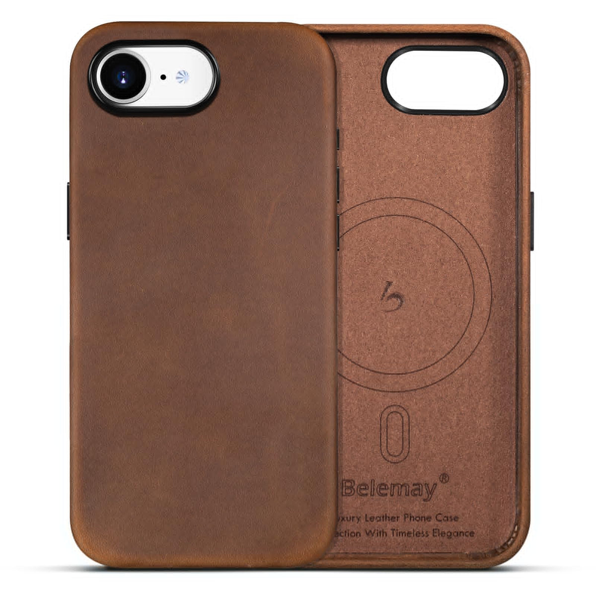 Belemay Handcrafted Crazy Horse Leather Case for iPhone 17e / iPhone 16e, Compatible with MagSafe, Vintage Aesthetic, Two-Tone Effect, Unique Patina, Metal Buttons Cover (6.1"), Vintage Brown
