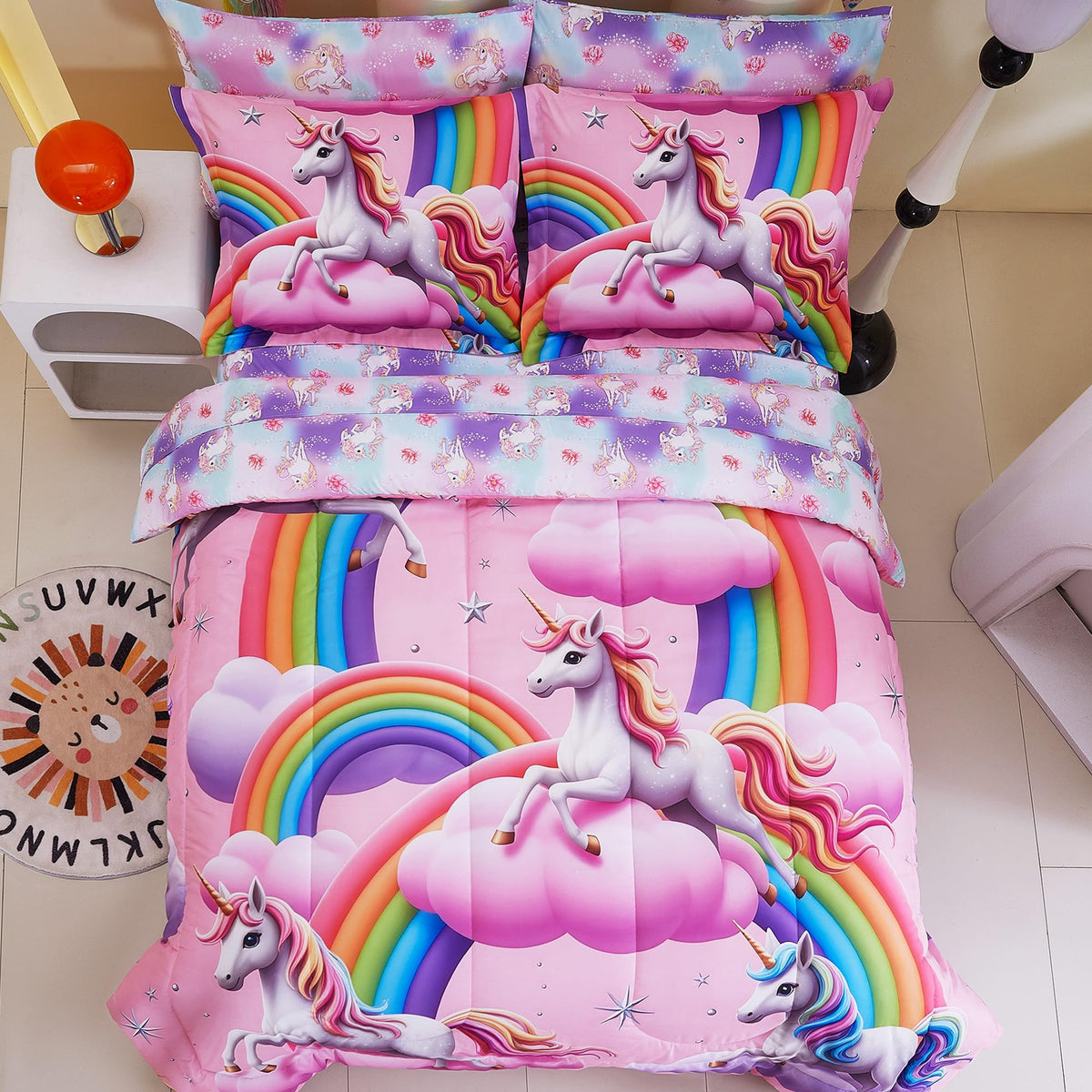 Viviland Kids Twin Bedding Sets for Girls, Soft Twin Comforter Set with Sheets, 5 Pieces Microfiber Bed in a Bag, White Unicorn Pink Cloud Rainbow