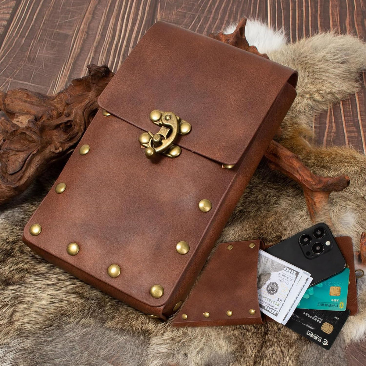 Belt Pouch Waist Bag Fanny Pack Steampunk Phone Holder Medieval Bag Leather Belt Renaissance Cosplay Costume Accessories (2Pouch-Brown)
