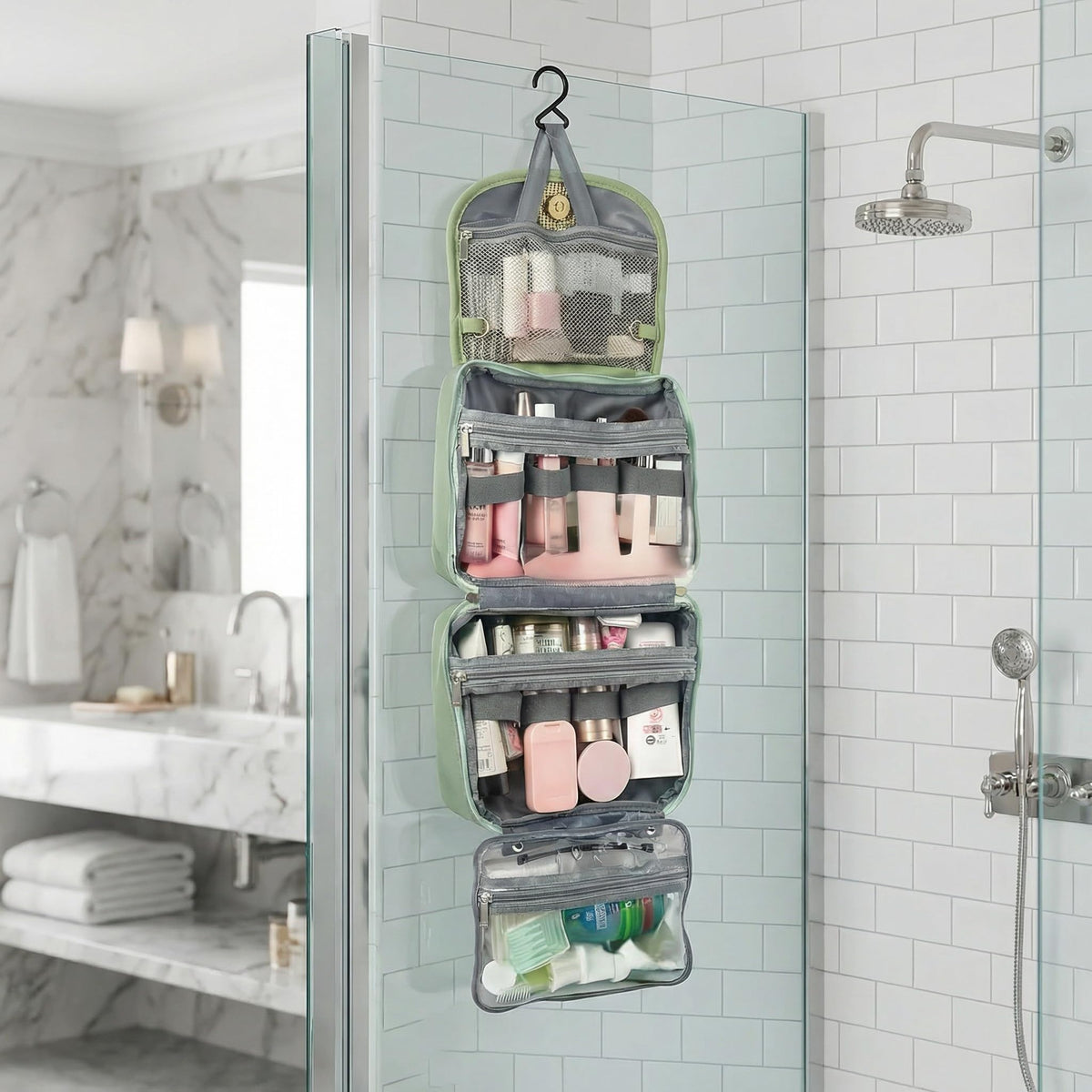 JATHIN Travel Toiletry Bag for Women - Hanging Cosmetic Makeup Organizer with Clear Compartments, Water-Resistant Cosmetic Bag, Perfect for Vacation, and Daily Use (green)