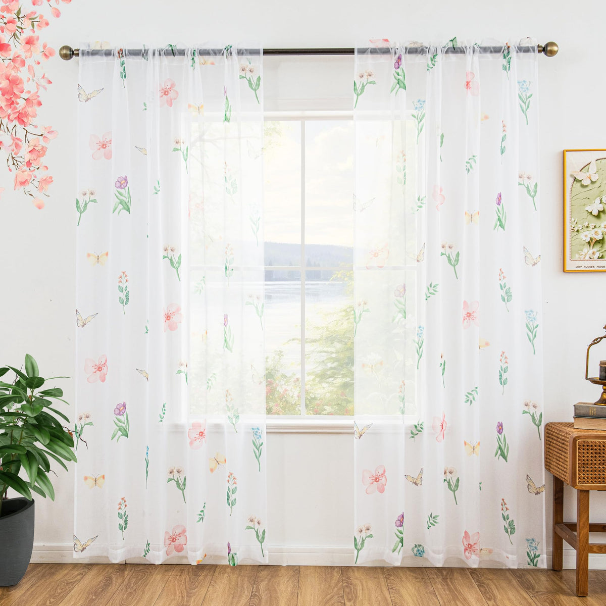 youleyar Floral Sheer Curtains for Living Room 84 Inches Long 2 Panels White Semi-Sheer Curtain with Flower/Leaves Printed Pattern Summer/Spring Rod Pocket Voile Drapes for Bedroom, 52" W x 84" L