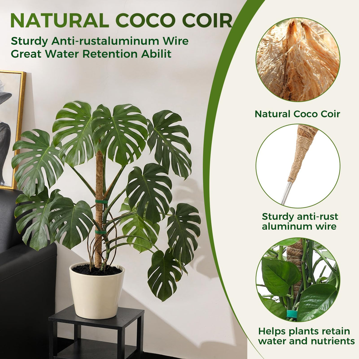 4 Pack Moss Pole Monstera Plant Support, 2 Pack 28" & 2 Pack 48" Bendable Plant Stakes Made of Real Coco Coir Support for Climbing Indoor Plants, Tall Moss Stick Trellis for Potted Climbers