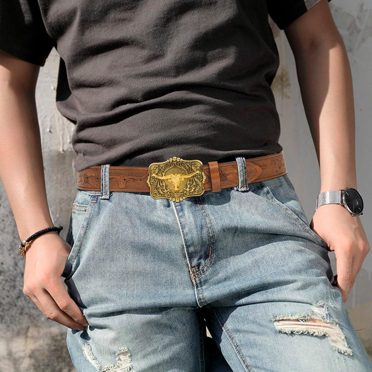 Voenkca Western Cowboy-Cowgirl Leather-Belts for Men - with Longhorn-Bull