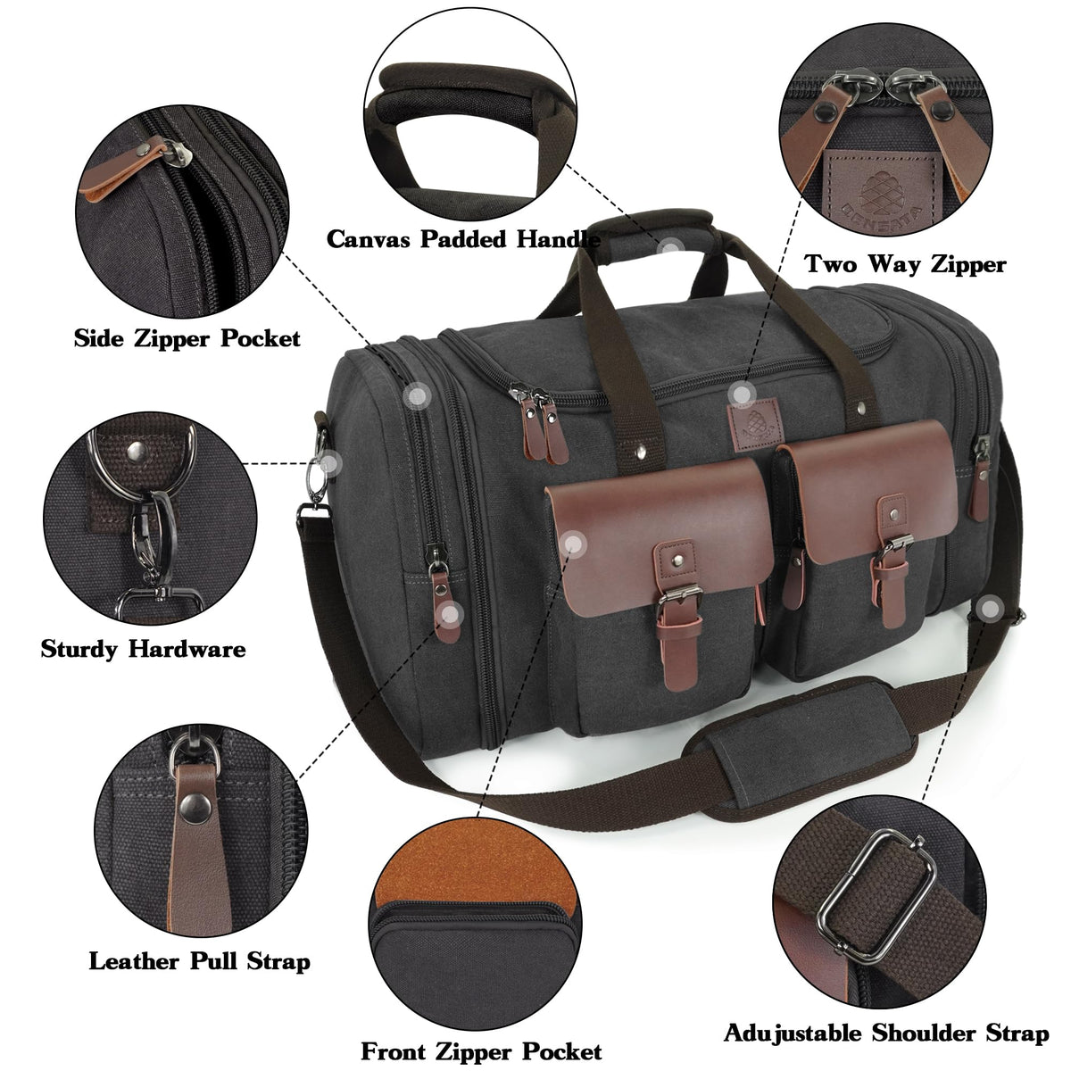 Densata Canvas Duffle Bag for Men 50L Travel Duffel Bags Expandable Genuine Leather Overnight Weekender Carry On Bag Two Zipper Pockets Travel Bag (Black, Large-50L)