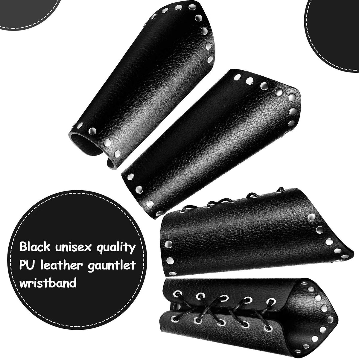 2 Pieces Unisex Faux Leather Gauntlet Wristband Arm Guards Viking Wrist Guard Medieval Knight Bracers for Steampunk Cosplay Party Accessories (Black)