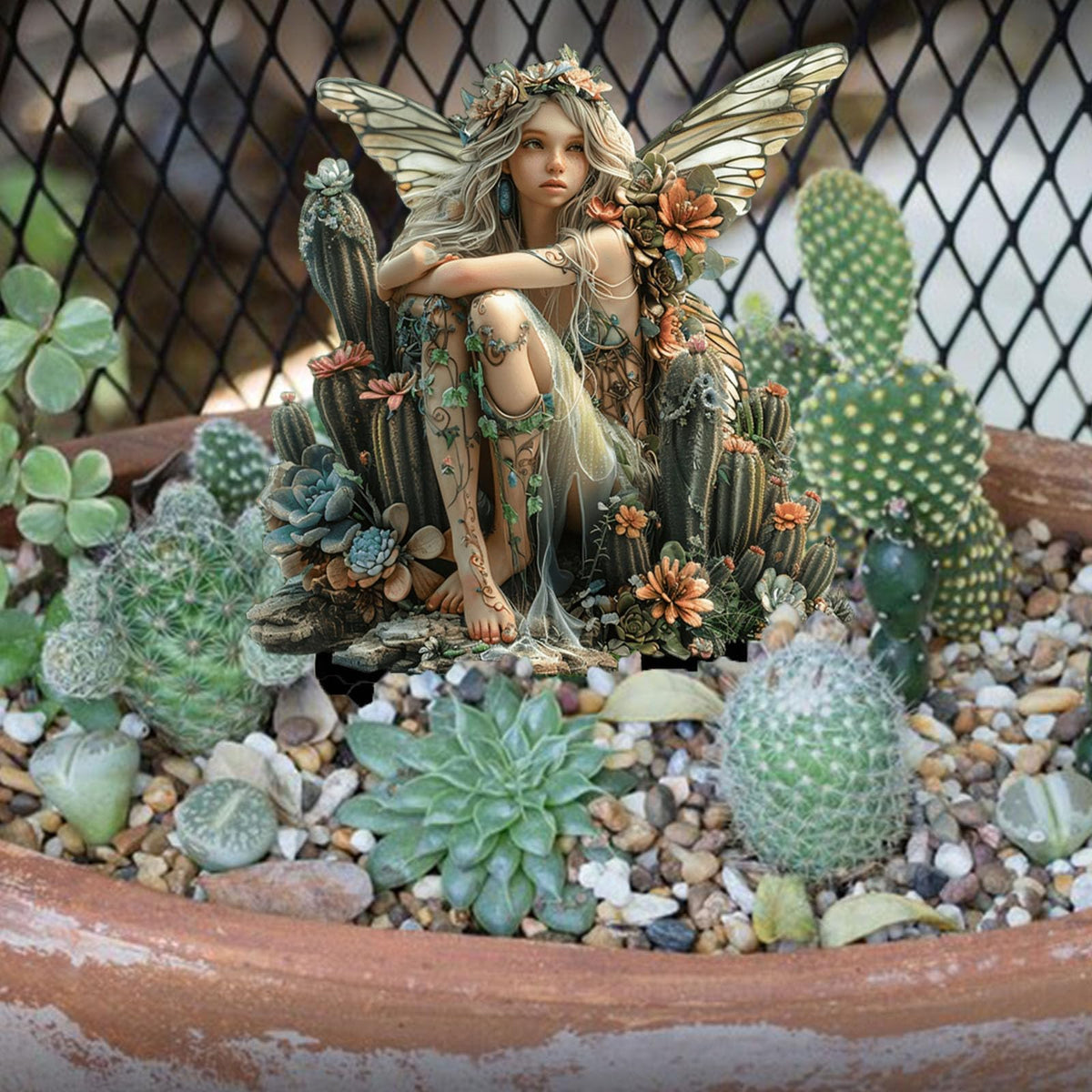 ANNUOZE Fairy Garden Stake Decor, 2D Flat Acrylic Fairy Garden Decor Panel, Elf Yard Sign for Outdoor Indoor Yard Lawn Plants Pots, Fairy Garden Accessories (Cactus Fairy)