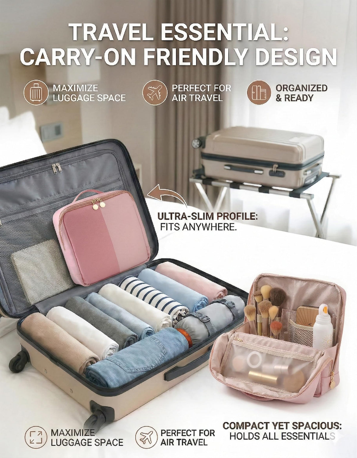 Lucatherine Large Standing Makeup Bag, Sturdy PU Leather Cosmetic Organizer with Fold-Down Phone Tray, Waterproof Travel Toiletry Case with Wipeable TPU Brush Holder, 9.5 Inch, Pink