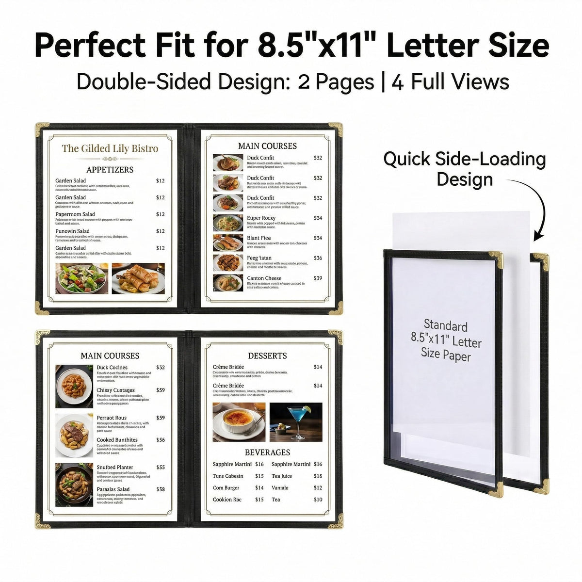 Restaurant Menu Covers 8.5 x 11 – Black Faux Leather Menu Holder with Gold Corners, 2 Pages 4 Views, Waterproof Menu Covers for Restaurants, Cafes & Bars