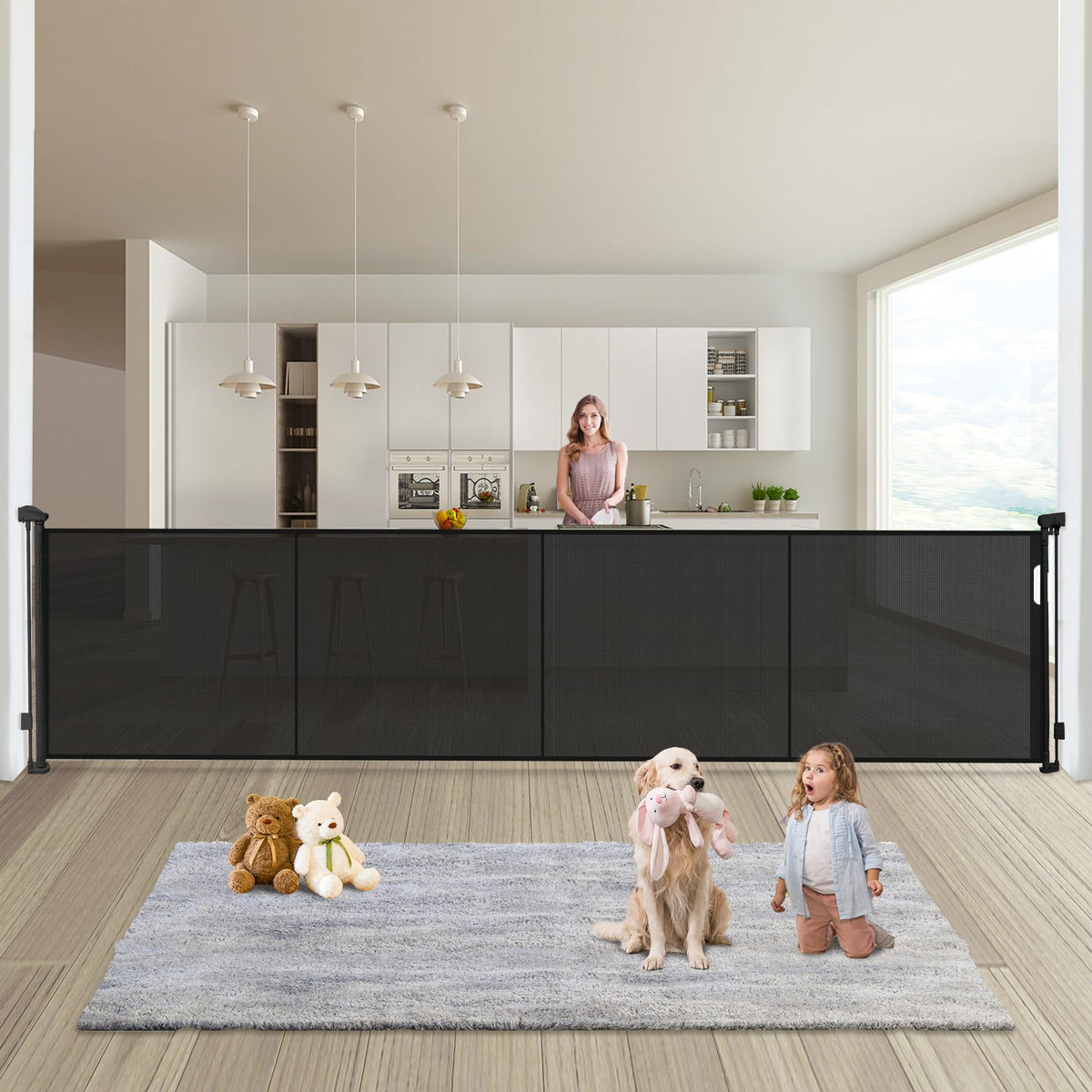 Retractable Baby Gates Dog Gate - 200" Extra Wide Expandable Child Safety Gate, 37" Tall Toddler Pet Mesh Gate with Reinforced Strips for Doorways, Stairs, Hallways, Outdoor & Indoor Large Openings