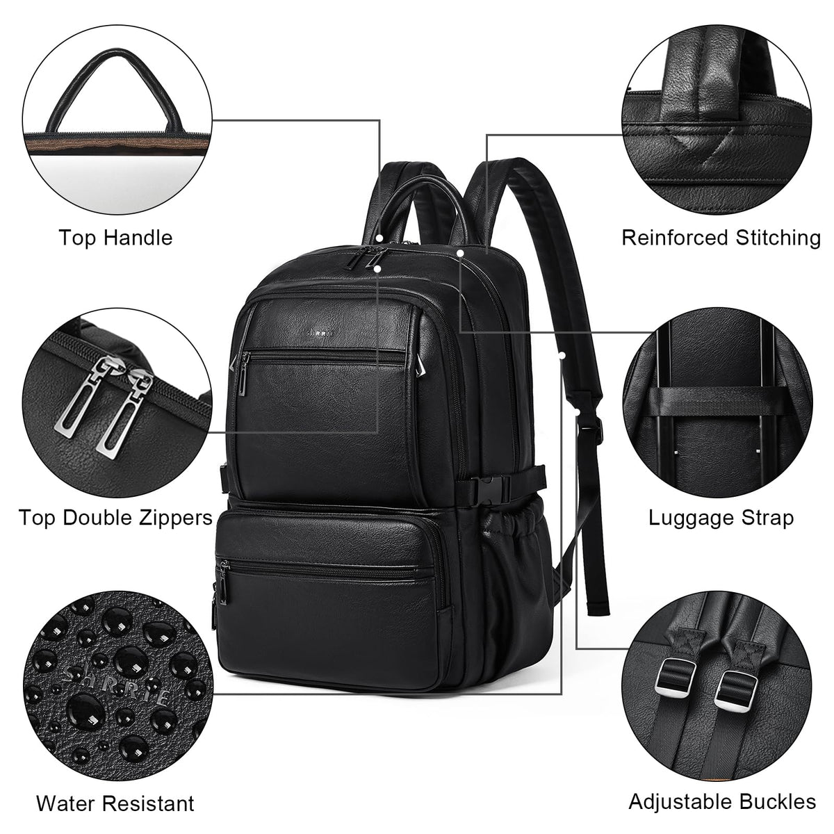 Shrrie Leather Backpack Purse Fit 17 Inch Laptop for Work Travel Business College Women Mens Leather Computer Tote Backpack Purse Black 35L Roomy Office Water-Resistant Back Pack Bag