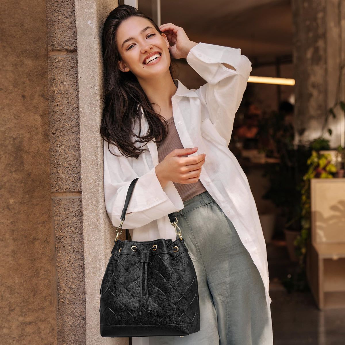 Kattee Woven Genuine Leather Bucket Bags for Women, Drawstring Crossbody Hobo Purses and Shoulder Handbags with 2 Detachable Straps, Black