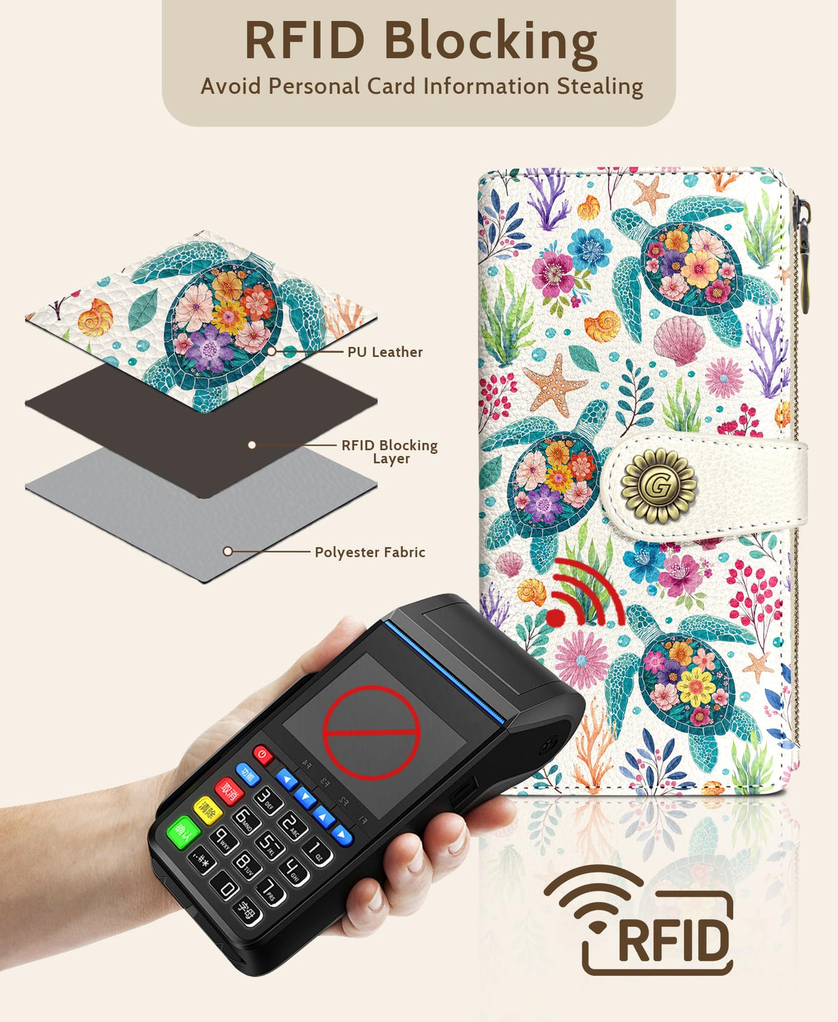 GIANCOMICS Sea Turtle Womens Wallet RFID Blocking, Credit Card Holder Bifold, PU Leather Travel Billfold, Long Cute Cash Purse, Zipper Coin Pocket Clutch, 1 ID Window, 11 Card Slot, Ladies Gift Woman