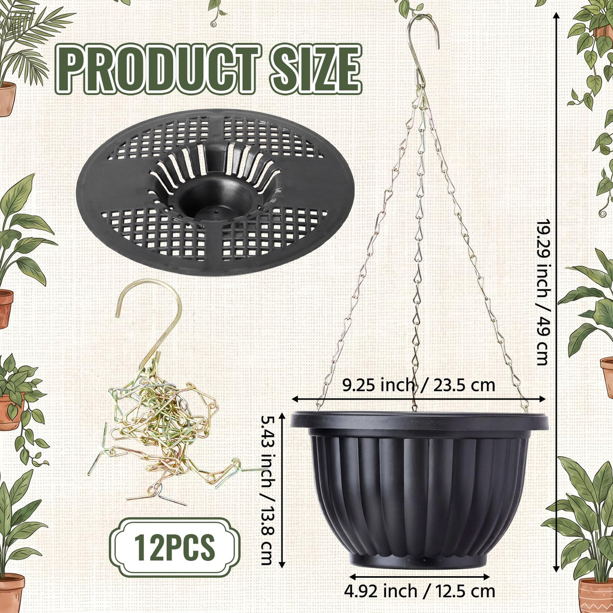 Ferrochef 12 Sets Hanging Planters for Indoor and Outdoor Plants Self Watering Hanging Basket Flower Pots Plastic Plant Pots with Drainage Hole and Absorbing Tray(Black,10 Inch)