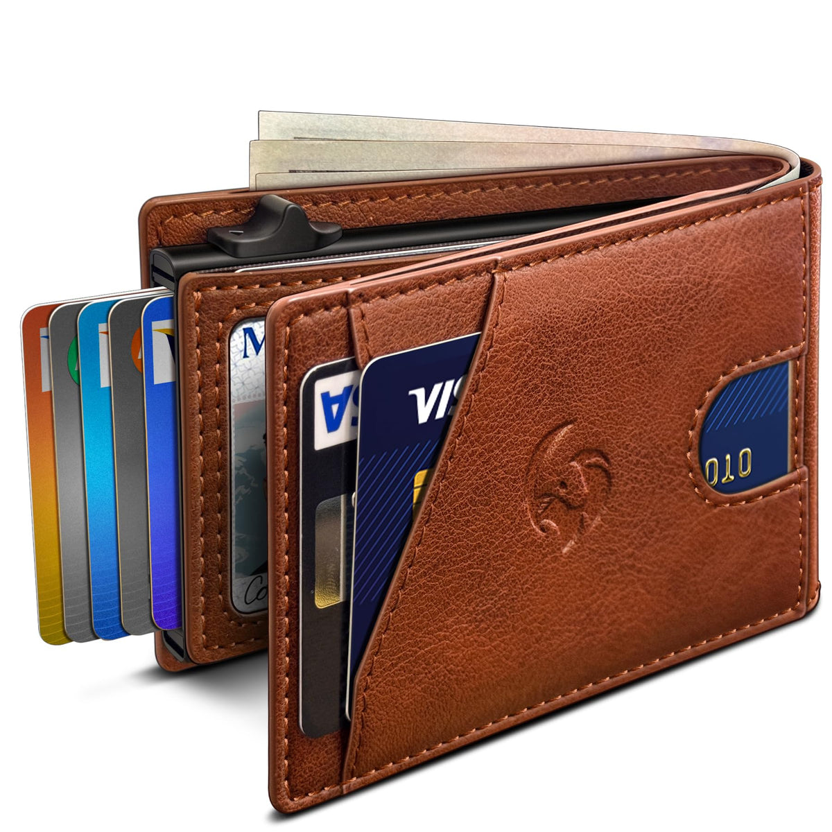 Housmai Wallet for Men, Slim Pop Up Card Holder with RFID Blocking, Minimalist Bifold Wallet with 9 Card Slots, ID Window and Cash Pocket, Metal Flip Case with Magnetic Closure, Gift Box