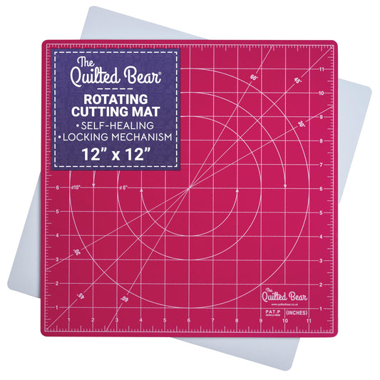 The Quilted Bear Rotating Cutting Mat 12" x 12" - Locking & Rotating Self Healing Cutting Board for Sewing, Fabric & Quilting - 360 Degree Sewing Supplies Mat for Craft Table (Pink)