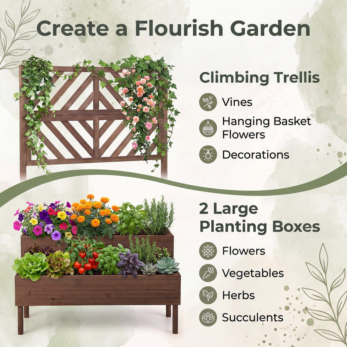 Giantex Raised Garden Bed with Trellis, 2-Tier Standing Planter Box with Legs and Drain Holes, Outdoor Elevated Garden Trellis for Vine Climbing, Flower Vegetable Fruit Herb Growing, Coffee Brown