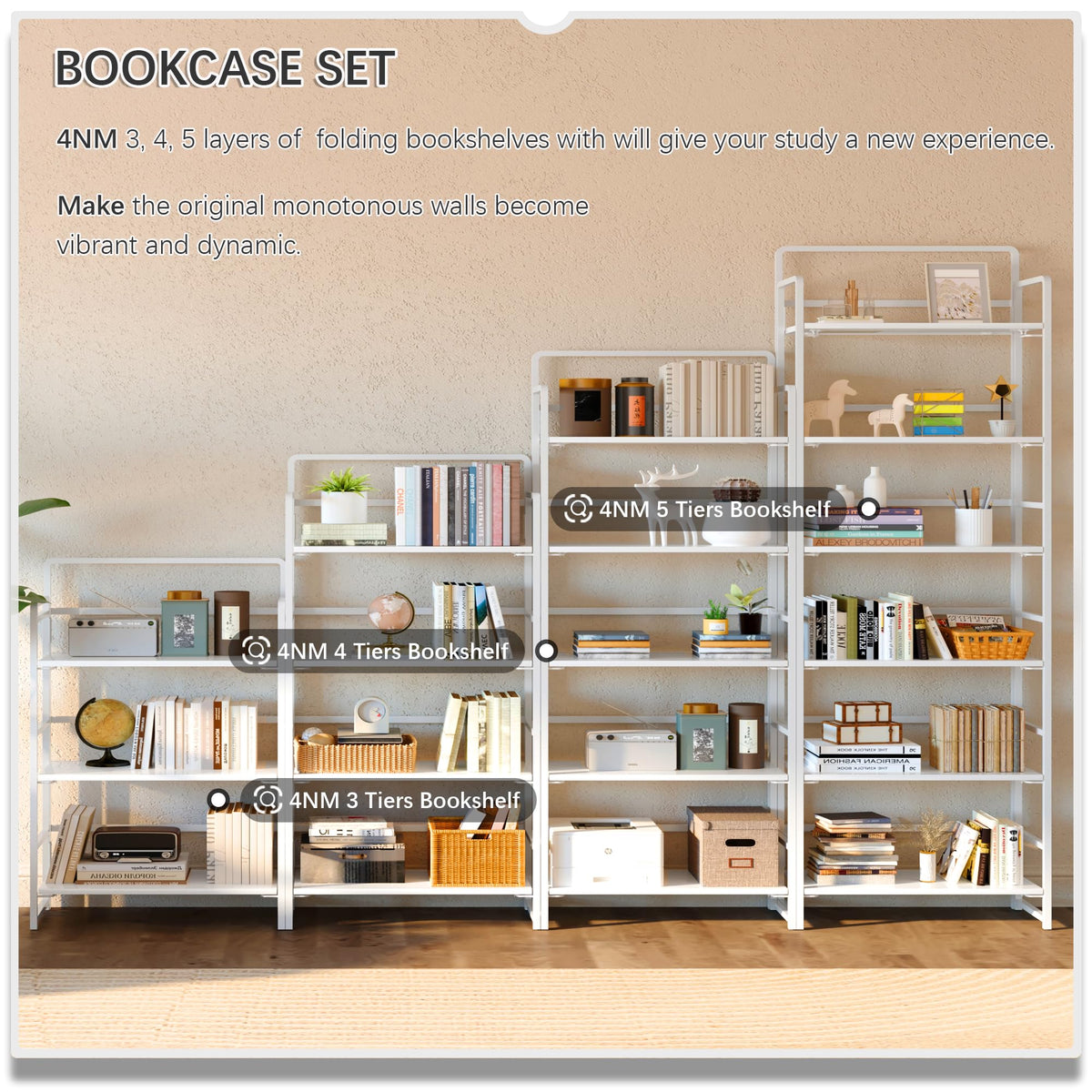 4NM No Assembly 6 Tiers Folding Bookshelf Storage Shelves Vintage Bookcase Standing Racks Study Organizer Home Office (All White)