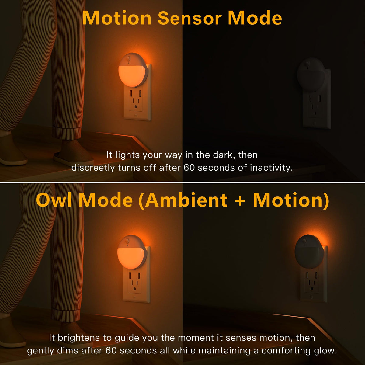 YUNLEX 2 Pack Plug in Sleep Night Light with Motion Sensor and Dusk to Dawn Sensor, 3 Modes, Soft Glow, Stepless Dimming, LED Lights for Bedroom, Sleep, Baby Nursery, Kids, Toddler, Home Decor (Amber)