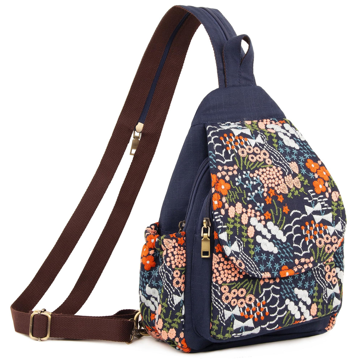 SILKAREA Canvas Sling Backpack Purse for Women Embroidered Flowers Travel Backpack Crossbody Bag Shoulder Bag (Embroidered B)