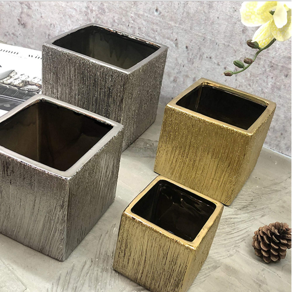 WGV Ceramic Cube Vase Width 5.5" Height 5" (Fits 5" Pot) Elegant Modern Block Square Floral Planter Terrarium Container Table Dresser for Event Accent Home Office Decor Silver Textured 1 Piece