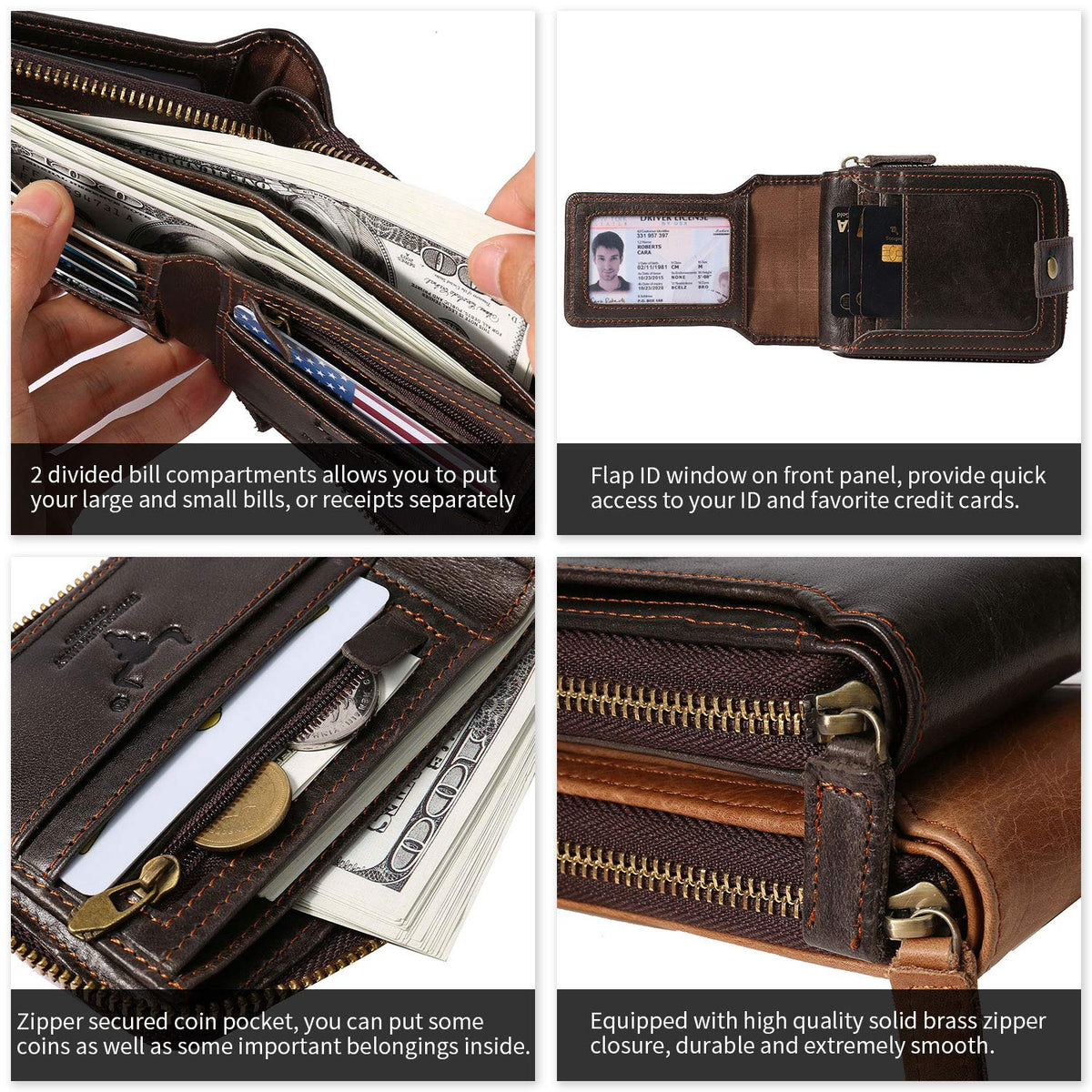 MING CLAN Leather RFID Blocking Bifold Wallet For Men With Zipper, Flap ID Window Zip Coin Pocket, Big Capacity Credit Card Holder For Travel
