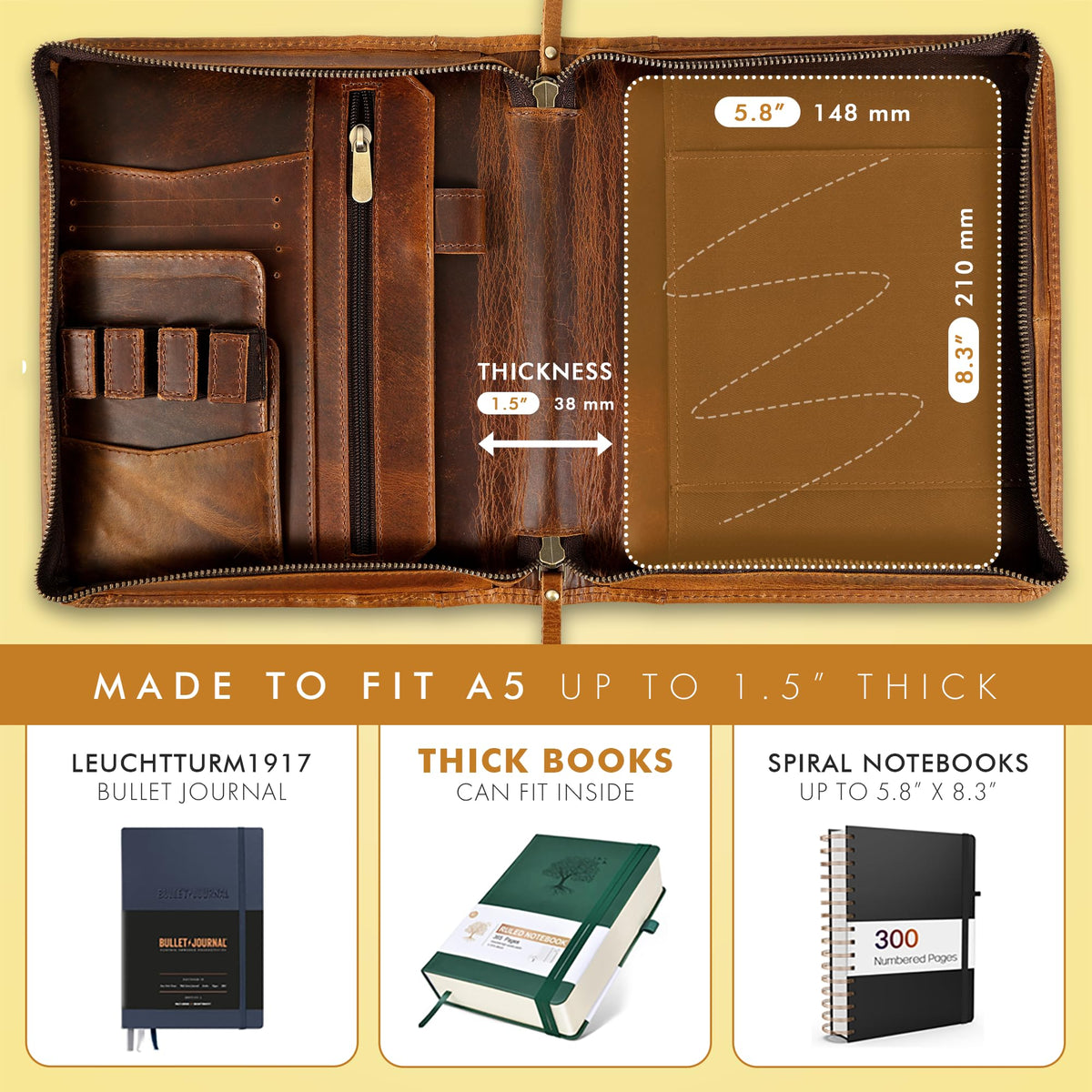 ELIZO Leather A5 Portfolio Padfolio Folio A5 Notebook Journal Cover Planner Binder Small Mens Business Work Folder Organizer (Antique)