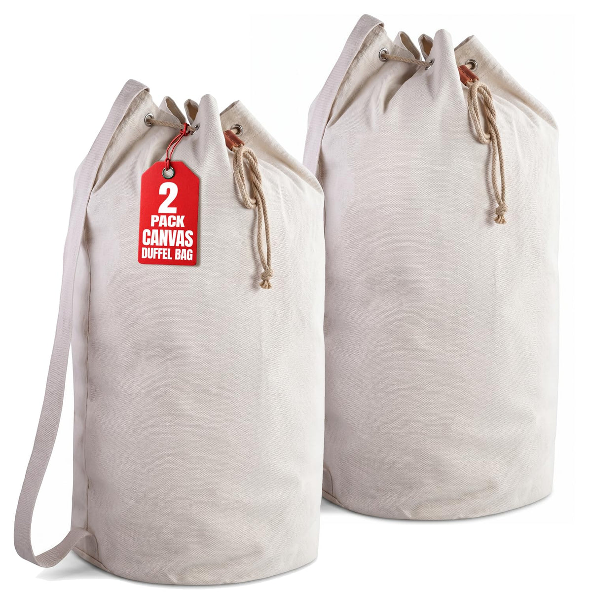 Handy Laundry Canvas Duffel Bag - Drawstring, Leather Closure, Shoulder Strap. (2-PACK)
