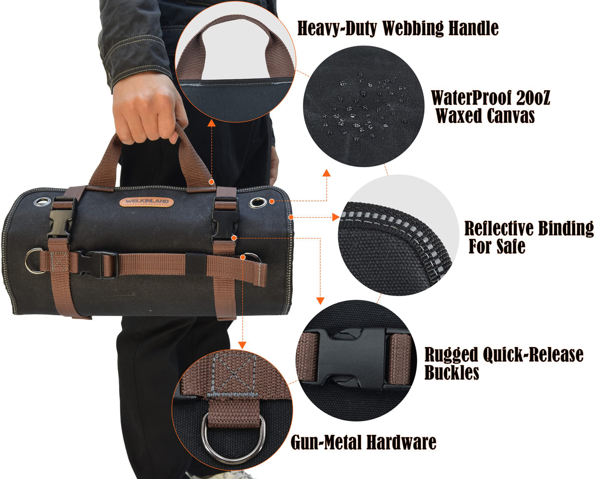 WELKINLAND Heavy-Duty Waxed Canvas Tool roll, 15-Pockets Tool Wrap Roll, 15L Tool Up Roll Bags, Tool Bag Roll, Tool roll organizer, Roll up tool bag organizer